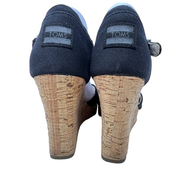 Toms Womens Sienna Black Canvas Cork Wedge 4" Heel Sandal Size 11 VGC - Picture 6 of 9